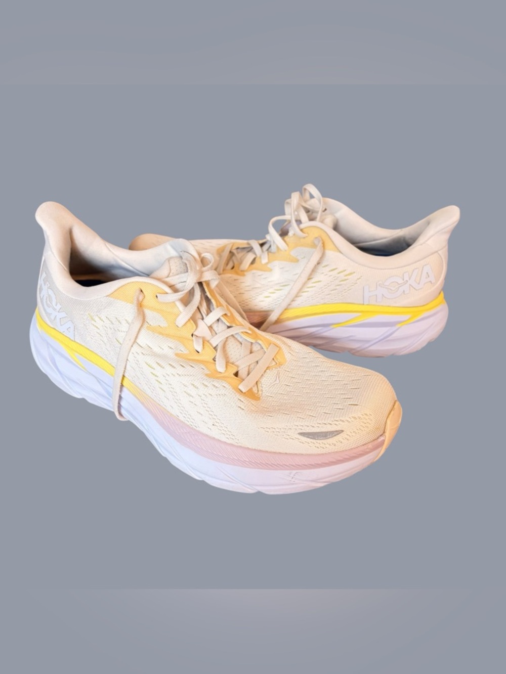Hoka One One Women’s Clifton 8 Running Shoes White Lavender Yellow Size 10
